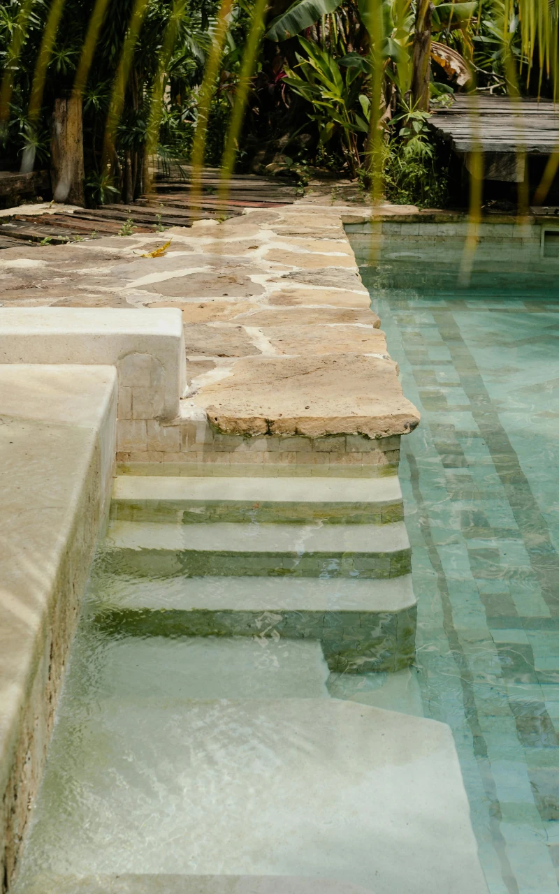 Swimming pool integrated into a garden with stone coping